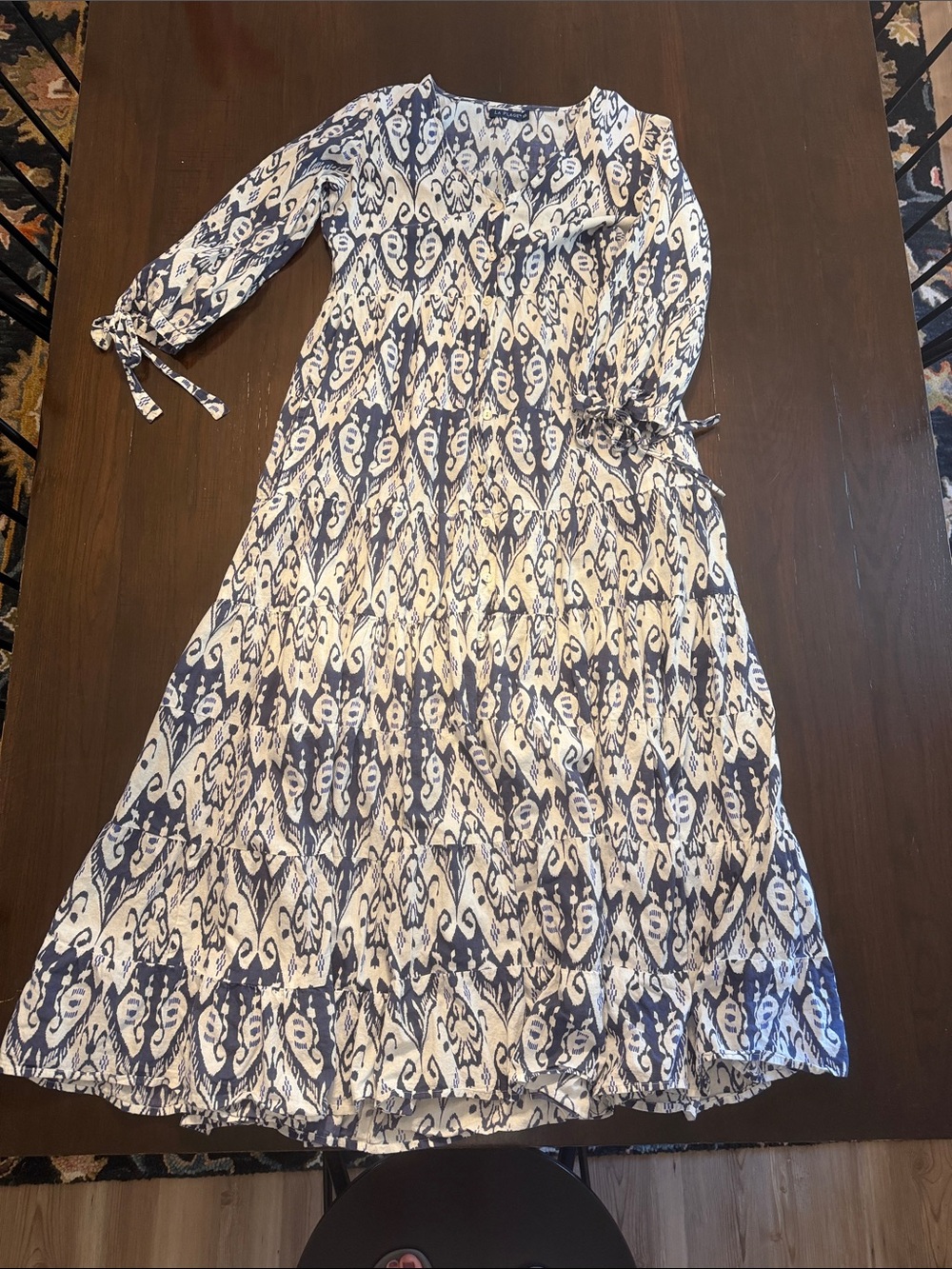 La Plage Women's Blue and White Printed Maxi Dress with Tie Sleeves